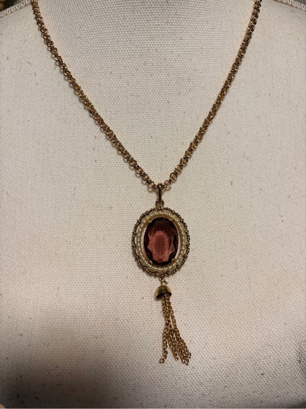 Avon Gold-Tone Necklace with Rose-Cut Pink Glass Pendant and Tassel 28 inch
